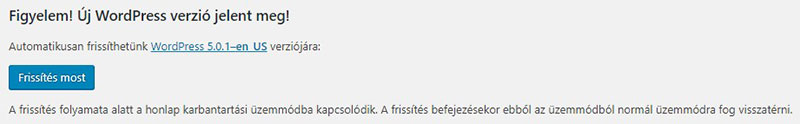 WordPress új verzió üzenet az admin felületen